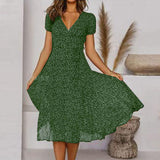 Women's Floral V-Neck Midi Dress - Elegant Summer Style, Perfect for Weddings & Casual Outings
