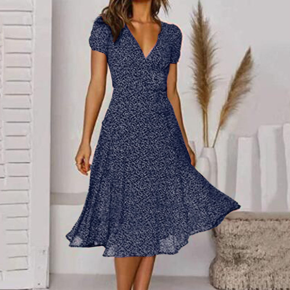 Women's Floral V-Neck Midi Dress - Elegant Summer Style, Perfect for Weddings & Casual Outings