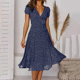 Women's Floral V-Neck Midi Dress - Elegant Summer Style, Perfect for Weddings & Casual Outings