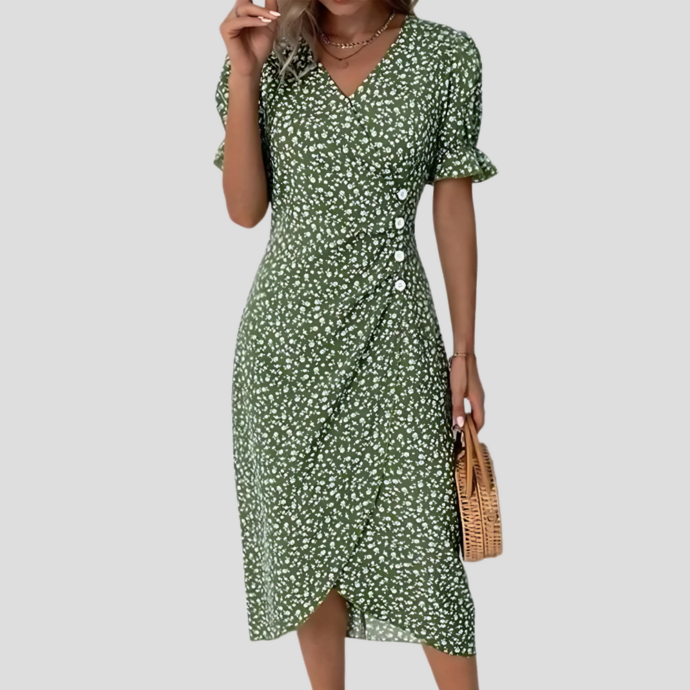Women's Floral Print Wrap Midi Dress - Elegant Summer Dress for Casual & Formal Occasions