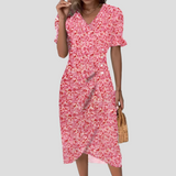 Women's Floral Print Wrap Midi Dress - Elegant Summer Dress for Casual & Formal Occasions