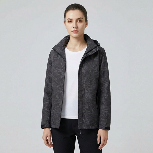 Women's Waterproof Hooded Jacket with Leaf Pattern
