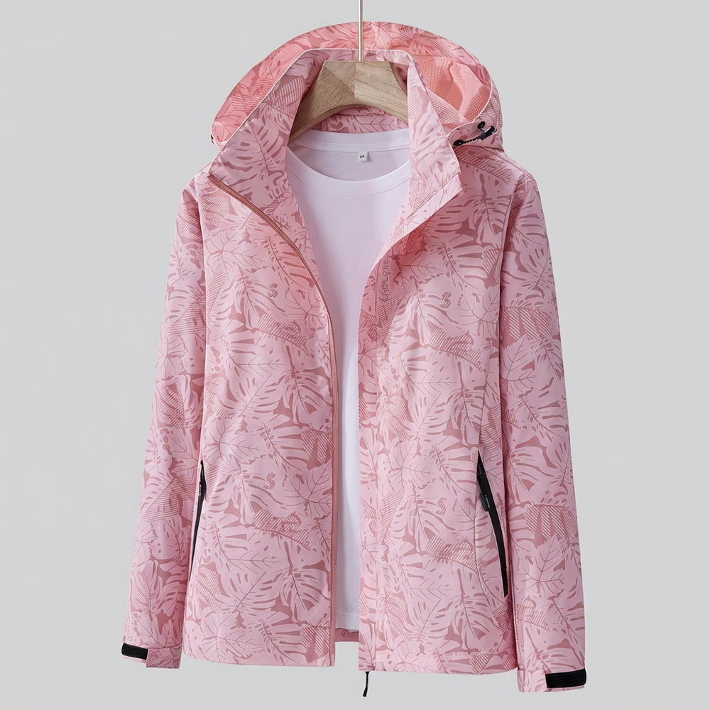 Davy Women's Waterproof Hooded Jacket with Leaf Pattern | Stylish & Functional Raincoat for Outdoor Adventures