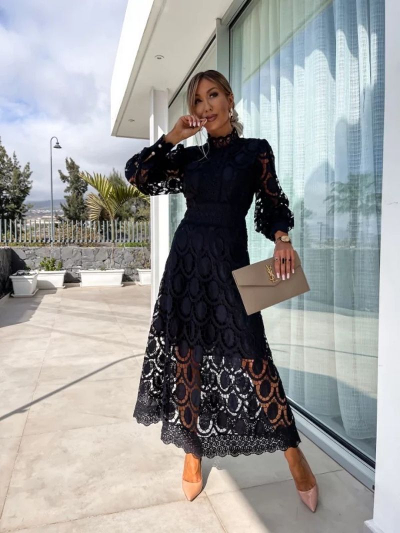 Elegant Women's High Neck Lace Midi Dress - Perfect for Special Occasions & Parties