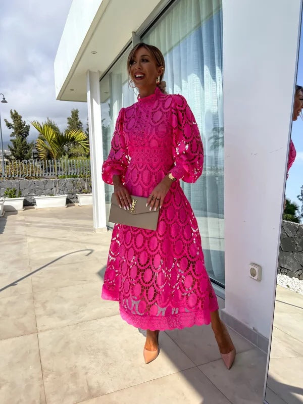 Elegant Women's High Neck Lace Midi Dress - Perfect for Special Occasions & Parties