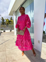 Elegant Women's High Neck Lace Midi Dress - Perfect for Special Occasions & Parties