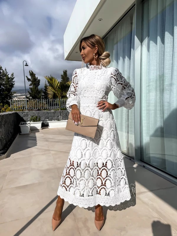 Elegant Women's High Neck Lace Midi Dress - Perfect for Special Occasions & Parties