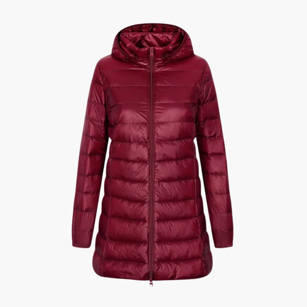 Enhanced Product Title: "Women's Cozy Hooded Long Down Jacket - Warm, Stylish & Lightweight Winter Coat" 

This title includes relevant keywords while highlighting key features to attract potential buyers.
