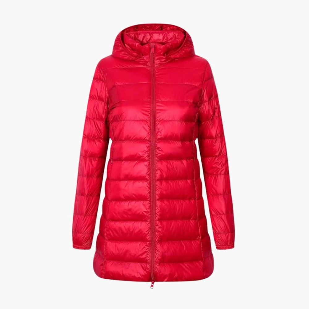 Enhanced Product Title: "Women's Cozy Hooded Long Down Jacket - Warm, Stylish & Lightweight Winter Coat" 

This title includes relevant keywords while highlighting key features to attract potential buyers.