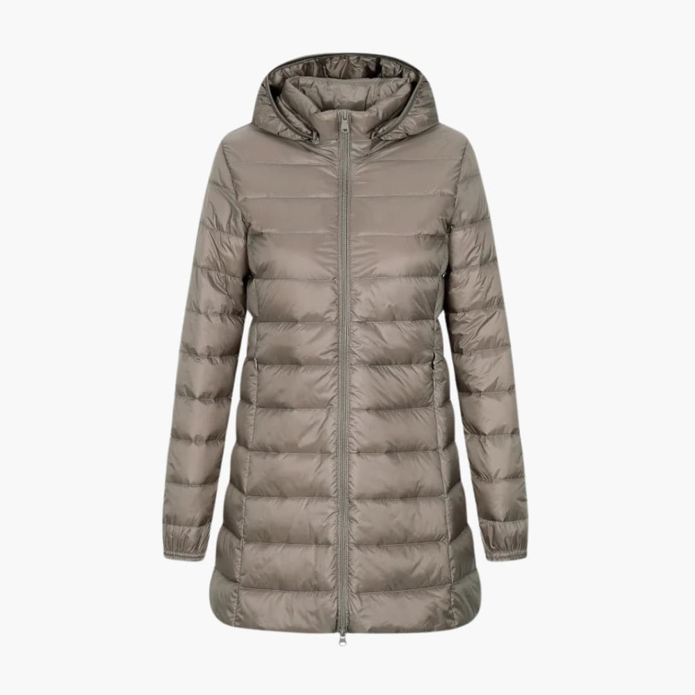 Enhanced Product Title: "Women's Cozy Hooded Long Down Jacket - Warm, Stylish & Lightweight Winter Coat" 

This title includes relevant keywords while highlighting key features to attract potential buyers.