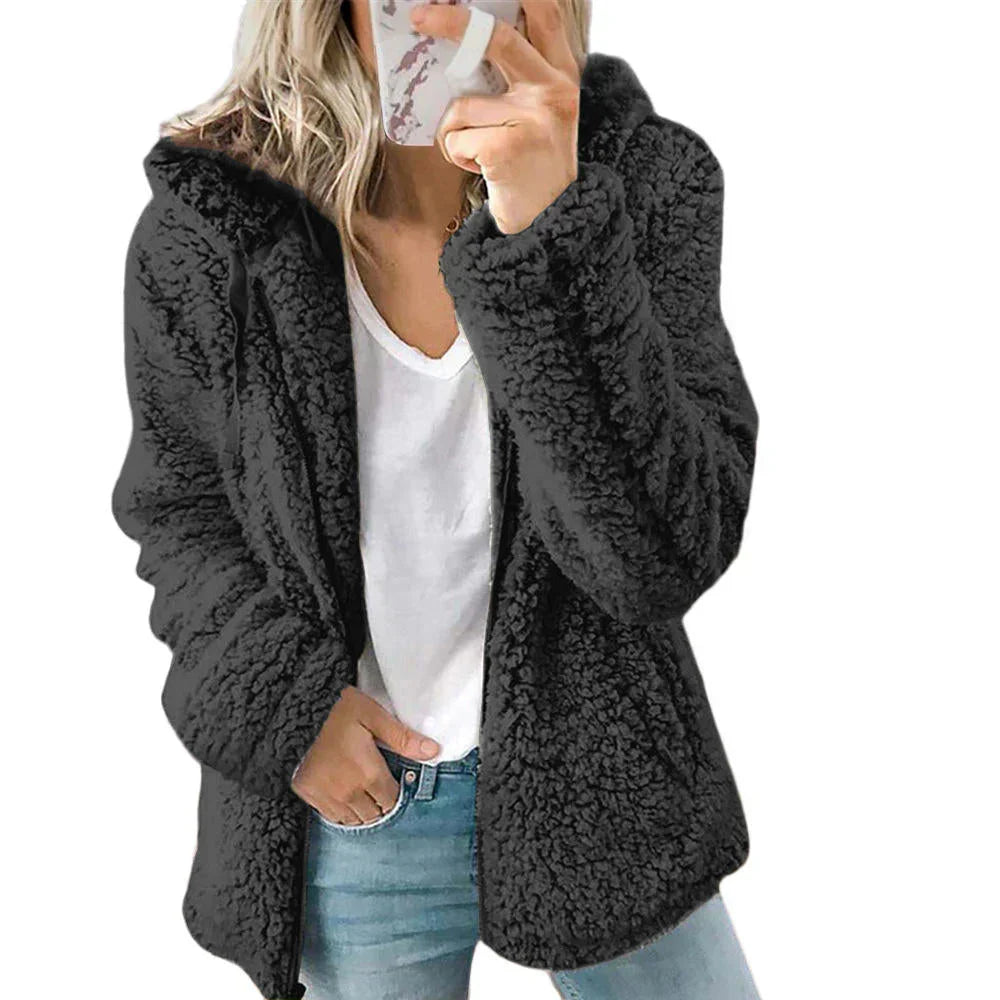 Cozy Women's Teddy Fleece Zip-Up Hoodie - Soft, Warm, and Stylish Outerwear for Fall & Winter