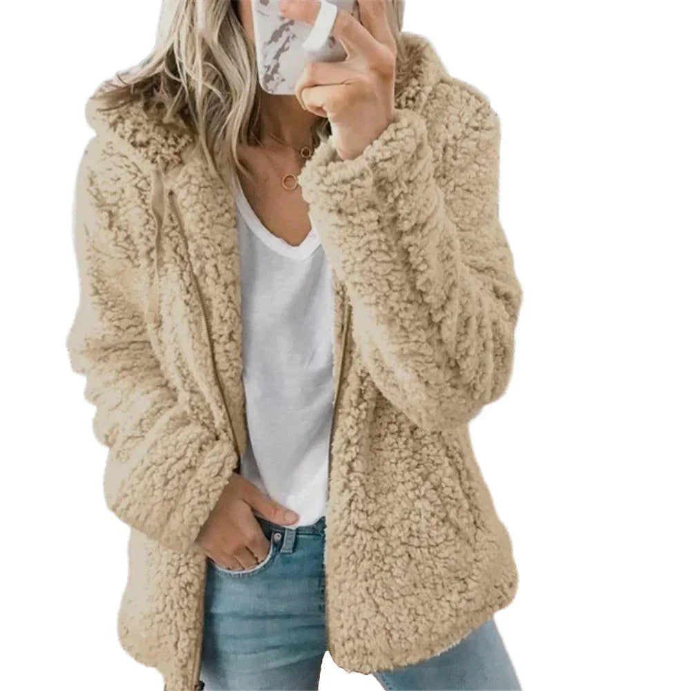 Cozy Women's Teddy Fleece Zip-Up Hoodie - Soft, Warm, and Stylish Outerwear for Fall & Winter