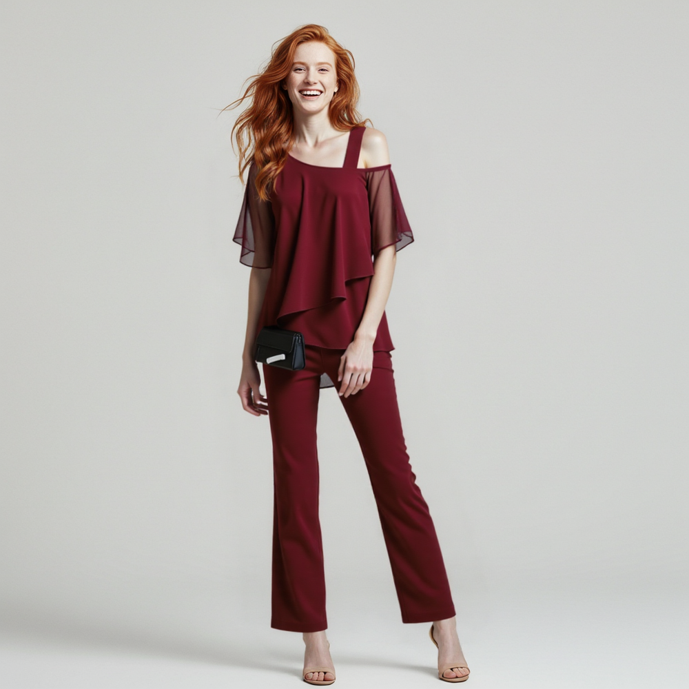 Chic Cold Shoulder Two-Piece Set - Stylish Women's Outfit for Casual & Dressy Occasions