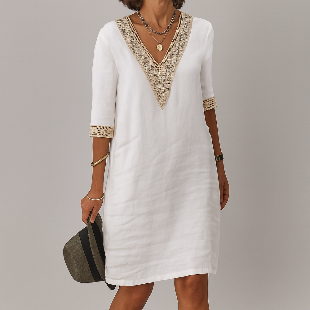 Elegant Lace Trim V-Neck Linen Dress for Women - Lightweight Summer Fashion
