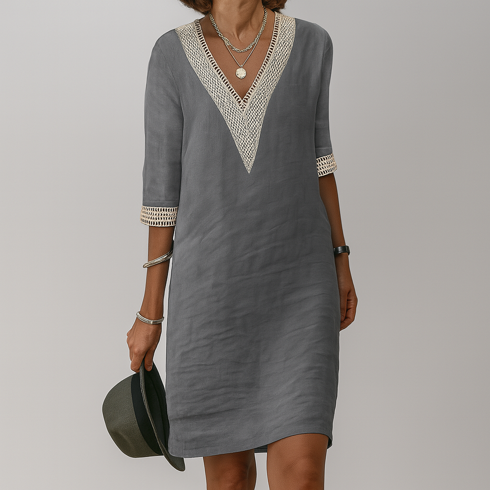 Elegant Lace Trim V-Neck Linen Dress for Women - Lightweight Summer Fashion