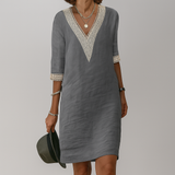 Elegant Lace Trim V-Neck Linen Dress for Women - Lightweight Summer Fashion
