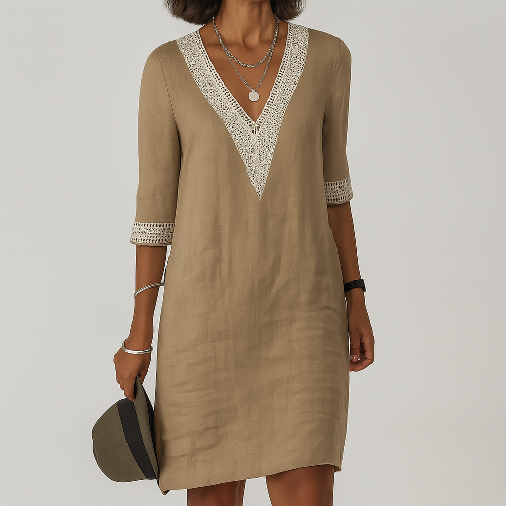 Elegant Lace Trim V-Neck Linen Dress for Women - Lightweight Summer Fashion
