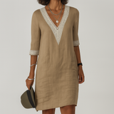 Elegant Lace Trim V-Neck Linen Dress for Women - Lightweight Summer Fashion