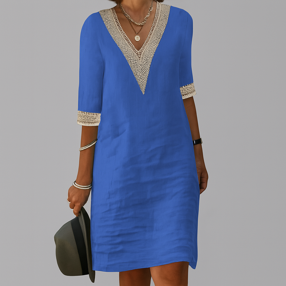 Elegant Lace Trim V-Neck Linen Dress for Women - Lightweight Summer Fashion