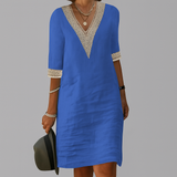 Elegant Lace Trim V-Neck Linen Dress for Women - Lightweight Summer Fashion