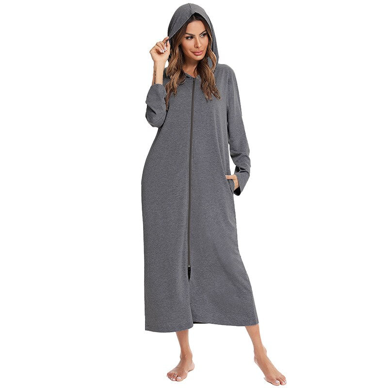 Cozy Women's Zip-Up Hooded Robe - Soft, Warm & Stylish Loungewear for Ultimate Comfort