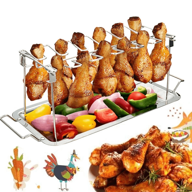 Stainless Steel Chicken Leg Grill Rack – 14 Slots, Drip Pan & Foldable