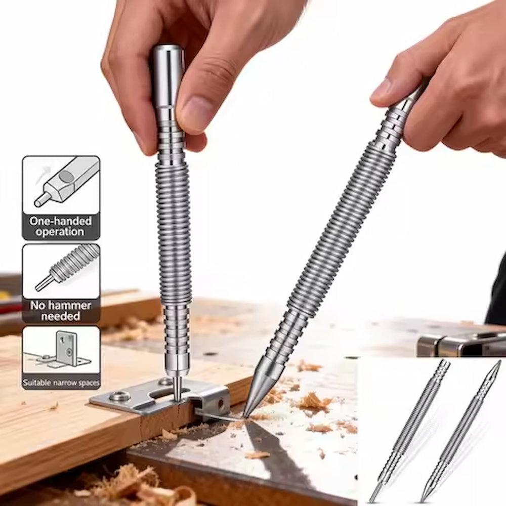 Spring-Loaded Nail Setter – Steel Build, Two Interchangeable Tips & Compact Design