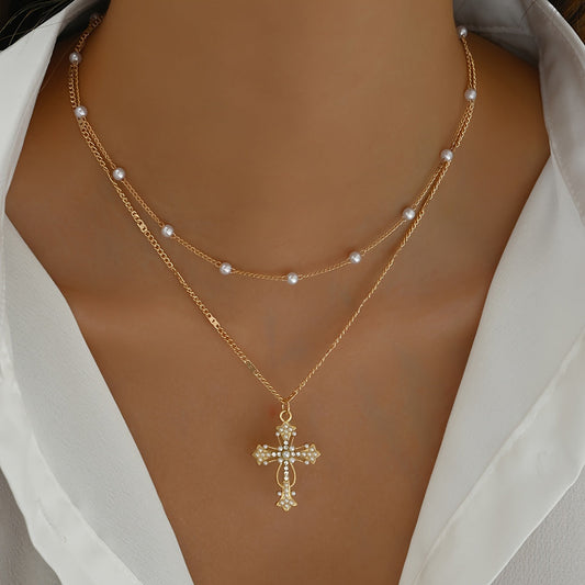 Layered Cross Necklace – Gold Beaded Chain, Pendant Design & Mother's Day Gift