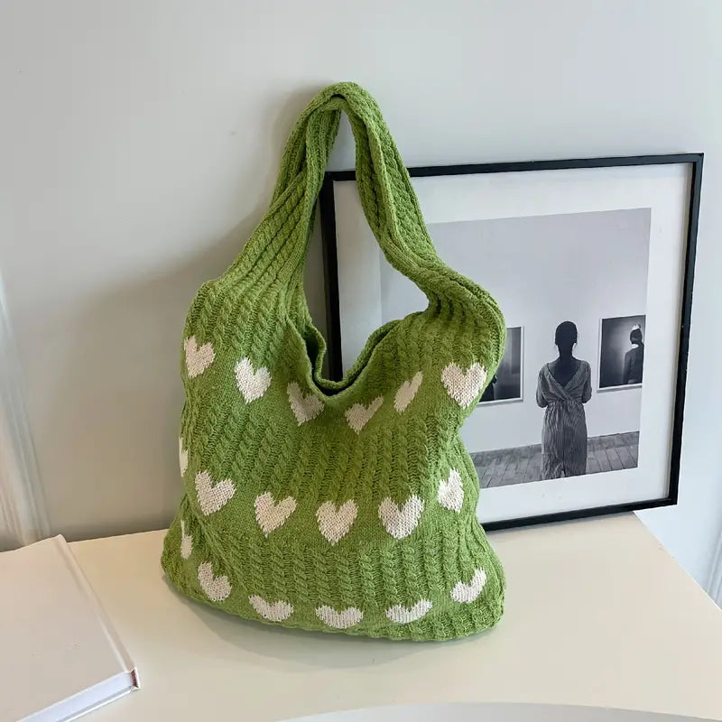 Knitted Shopping Tote Bag – Heart Pattern, Foldable & Lightweight