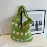 Knitted Shopping Tote Bag – Heart Pattern, Foldable & Lightweight