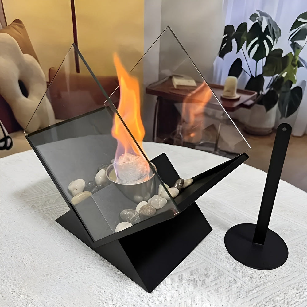 Bioethanol Tabletop Fireplace – Mirrored Panels, Decorative Stones & Steel Base
