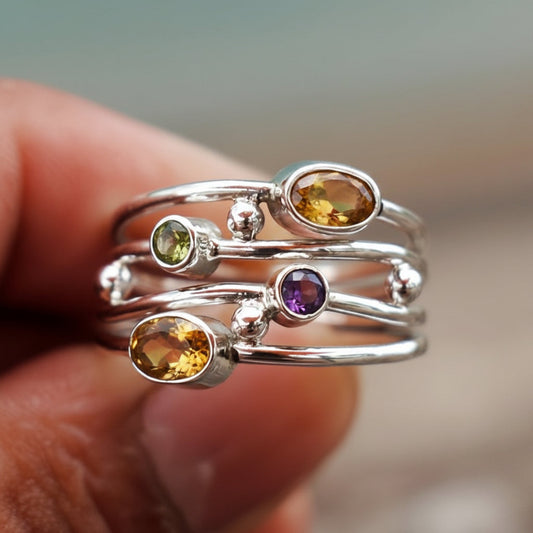 Birthstone Ring – Silver-Tone, Adjustable & Boho Wrap Design