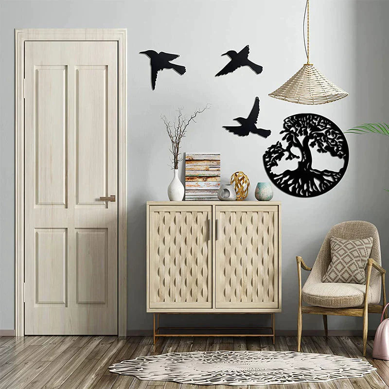 Tree of Life Metal Wall Art – Black Steel, Ø29cm & Bird Family Design