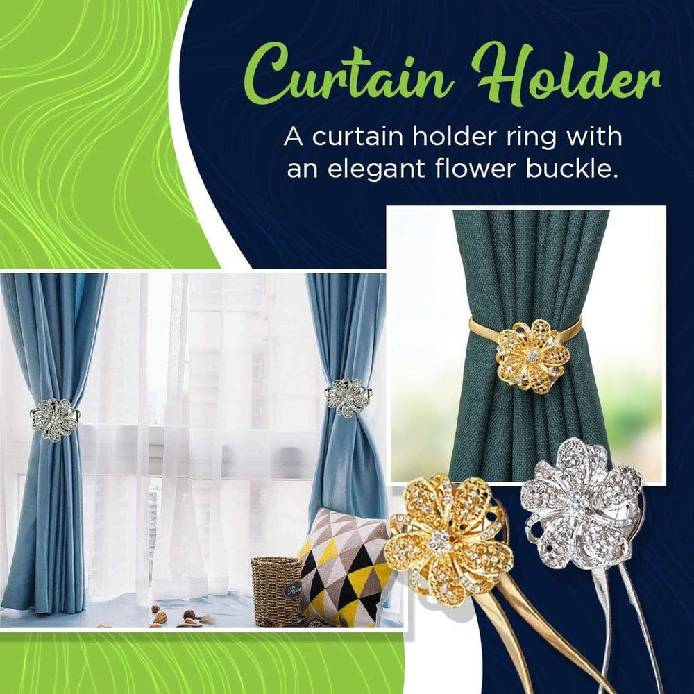 Magnetic Curtain Holdback – Floral Rhinestone Design, Flexible Steel, Gold or Silver
