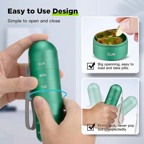 Pill Organizer – Aluminum, 7-Day Travel Case with Compartments