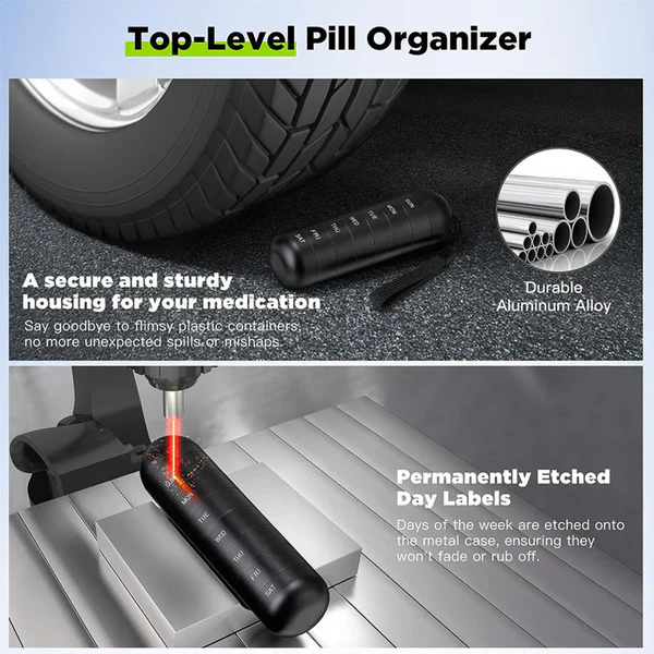 Pill Organizer – Aluminum, 7-Day Travel Case with Compartments