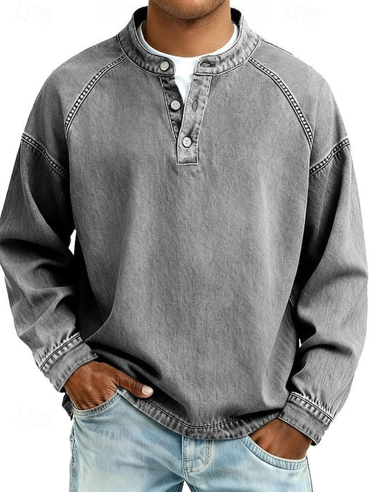 Amir Retro Henley Pullover mit Used-Look für Herren – Langer Arm, Vintage Stil, Bequem und Modisch