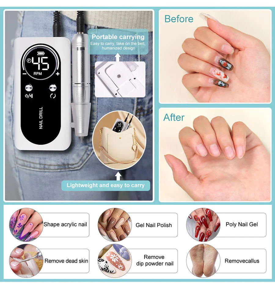 Electric Nail Drill – 45,000 RPM, USB-C Rechargeable & 6 Milling Heads