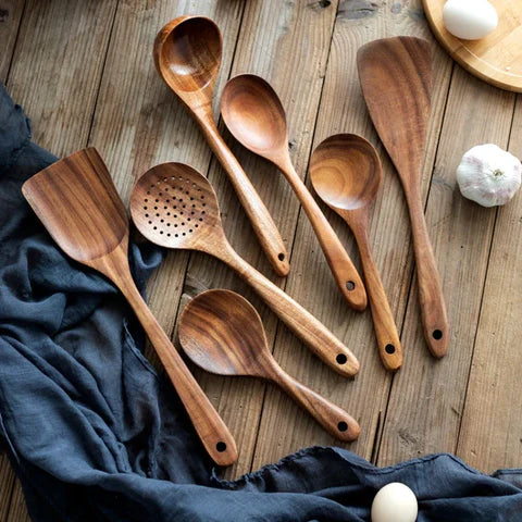 9-Piece Teak Wood Kitchen Utensil Set with Holder & Spoon Rest - Durable & Stylish Cooking Essentials
