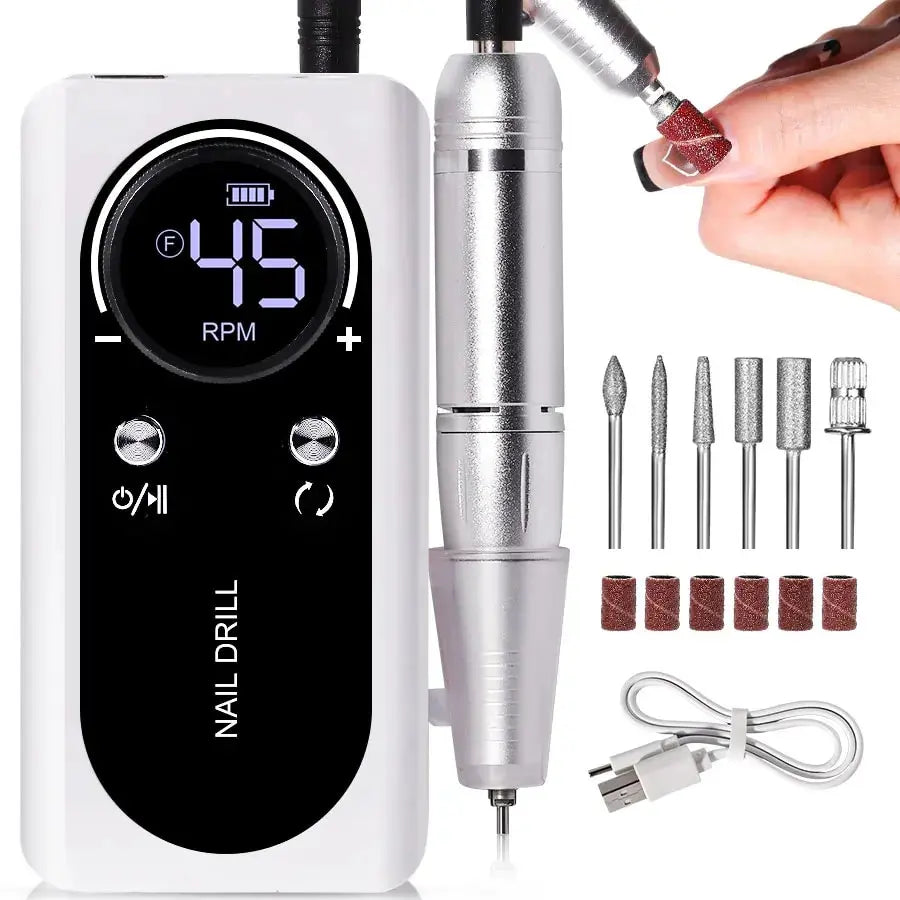 Electric Nail Drill – 45,000 RPM, USB-C Rechargeable & 6 Milling Heads