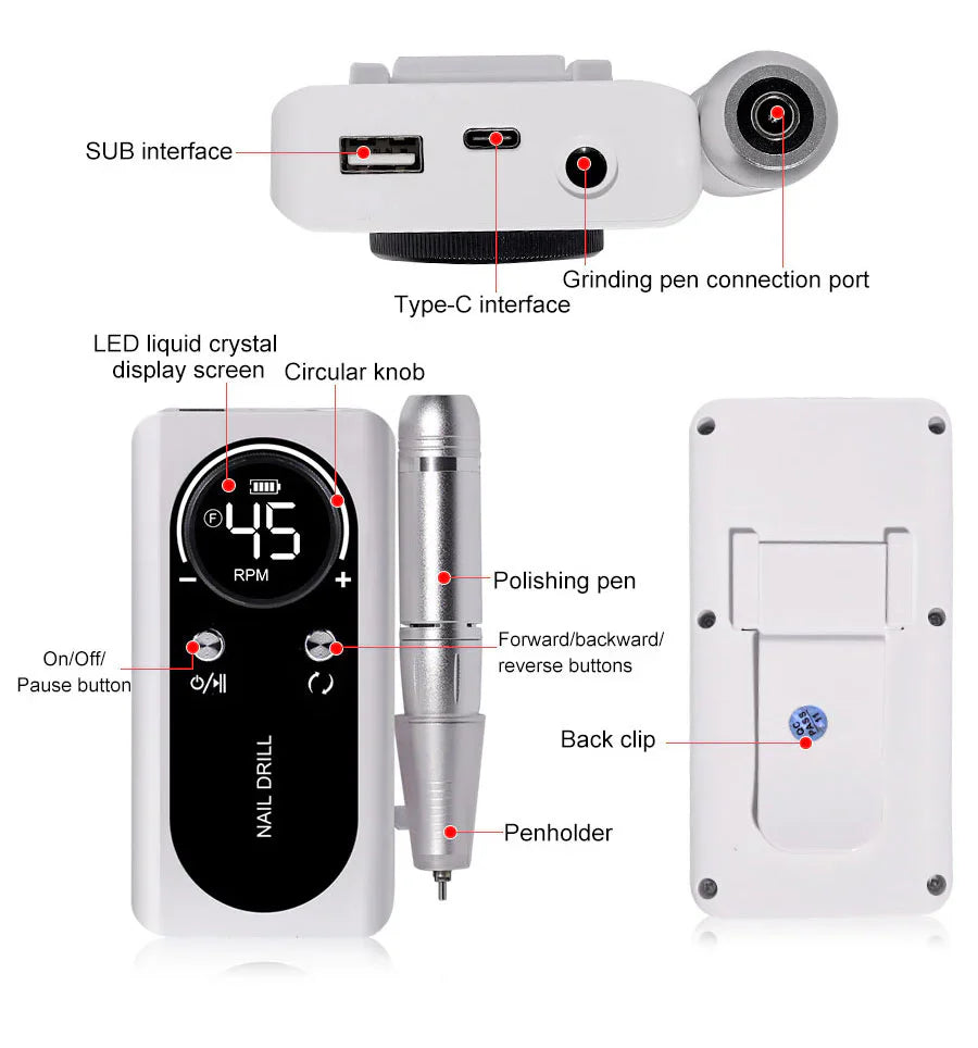 Electric Nail Drill – 45,000 RPM, USB-C Rechargeable & 6 Milling Heads