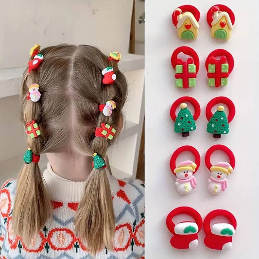 10 PCS Kids Hair Ties - Elastic Ponytail Holders with Santa & Reindeer Design - Perfect for Girls' Holiday Hai