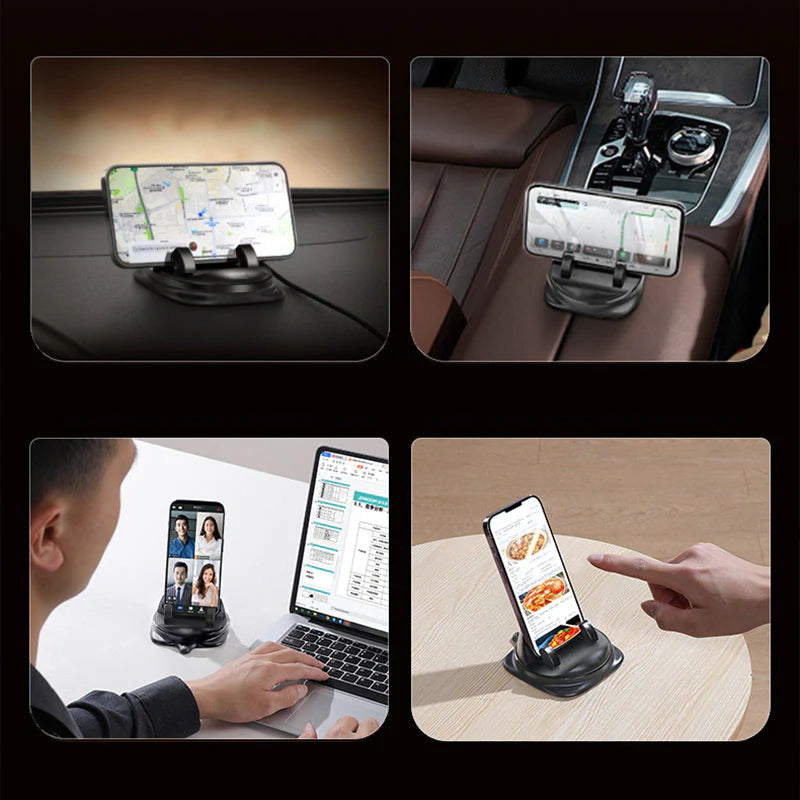 360° Car Phone Holder – Automatic Clamp, Reusable Adhesive Mount & Universal Fit