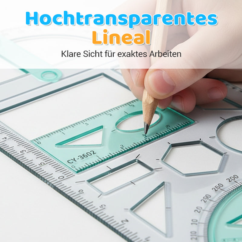 Geometry Ruler with Protractor – Transparent PP, Rotating Angle & Shape Stencils