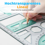 Geometry Ruler with Protractor – Transparent PP, Rotating Angle & Shape Stencils