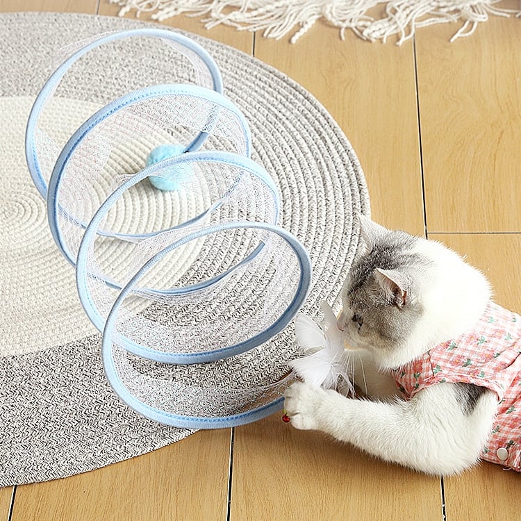 Cat Play Tunnel with Feathers & Balls – Collapsible Sisal, Interactive Hunting Toy