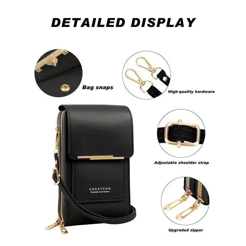 Phone Crossbody Bag with Touchscreen Window – Faux Leather, Card Slots, Fits to 16.5cm