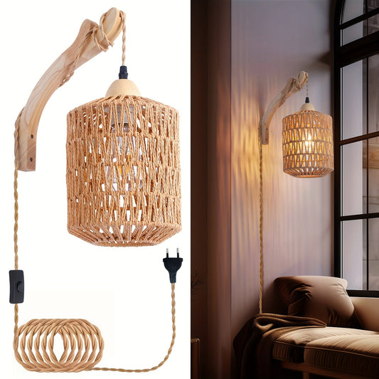 Wall Lamp – Boho Style, Wood & Rattan Finish & Hand-Woven Plug-In Design