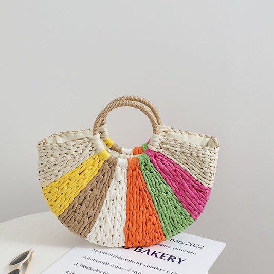 Woven Beach Bag – Rainbow Stripes, Colorful Design & Roomy Tote