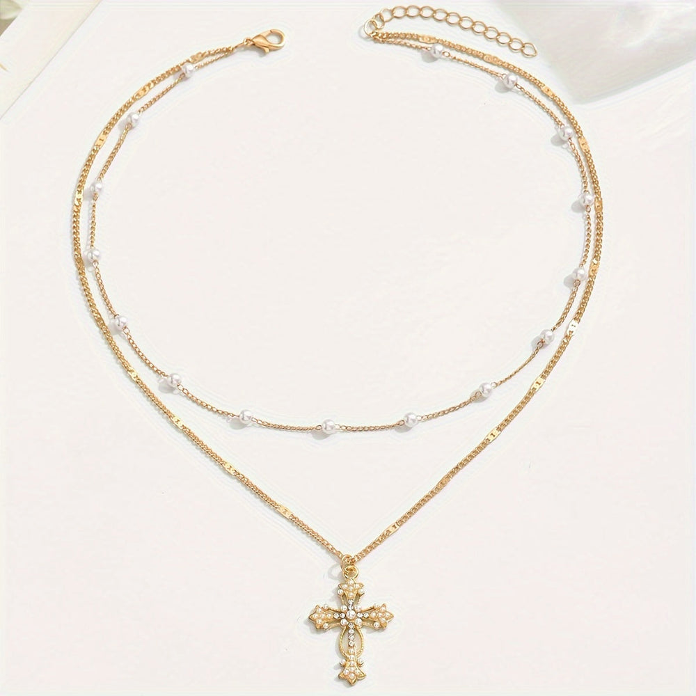 Necklace Cross Pendant Mothers Day Gold Layered Beaded Necklace